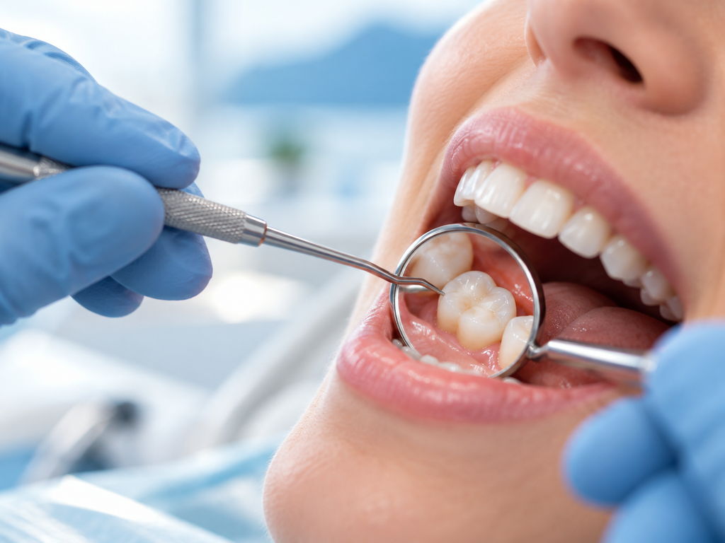 Nærbilde av tannlege som undersøker en jeksel med tannspeil og dentalinstrument i forbindelse med tannfylling.