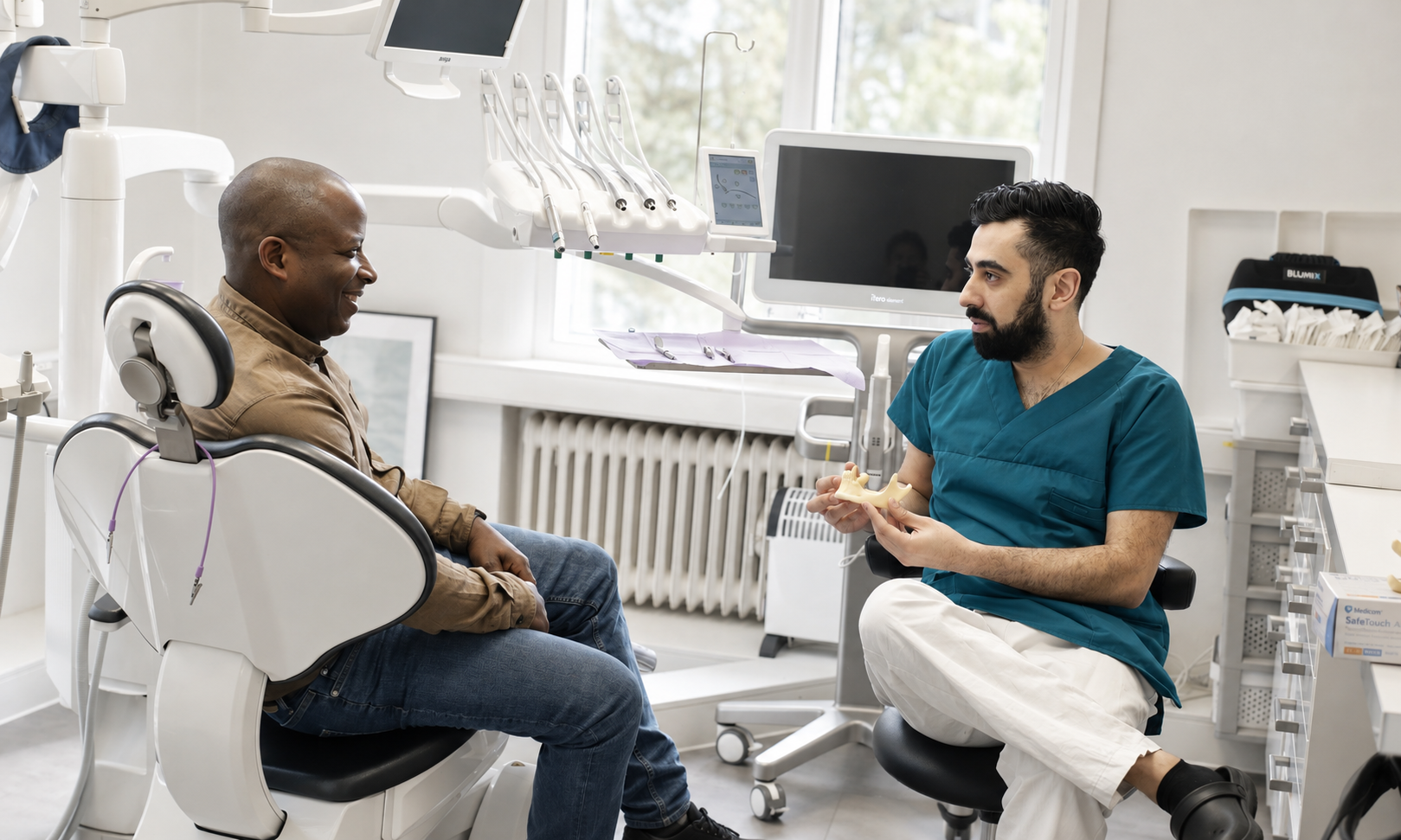 Tannlege ved Bergen Tannklinikk forklarer behandling til en pasient med en tannmodell.