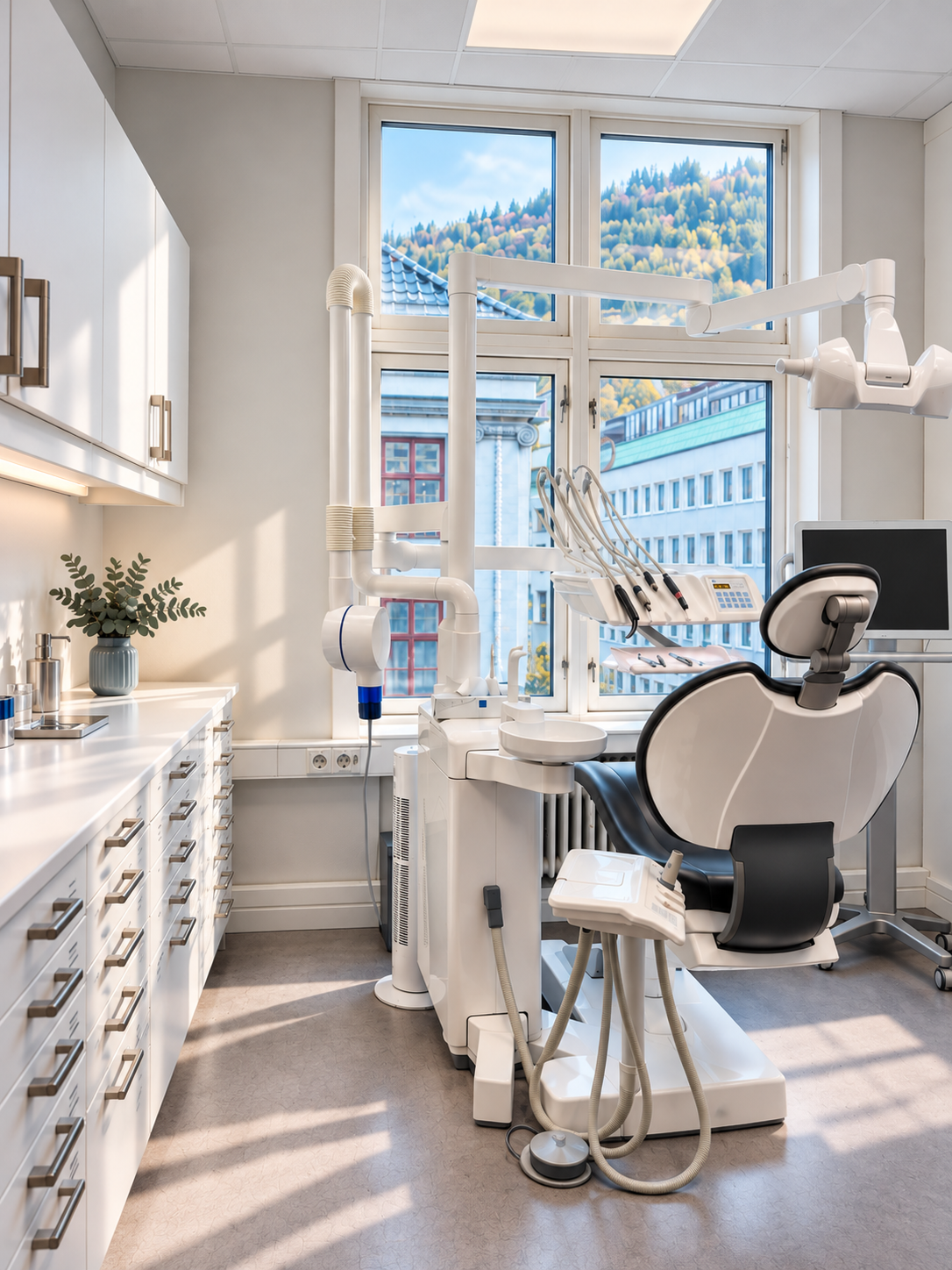 Moderne behandlingsrom hos Bergen Tannklinikk med tannlegestol og dentalutstyr